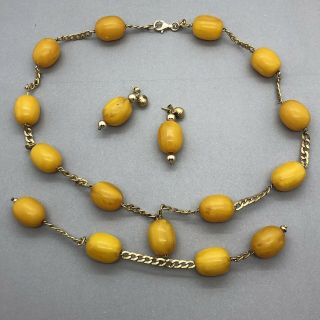 Very Fine Art Deco Heavy 9ct Solid Gold Necklace With Amber Colour Beads 69.  6g