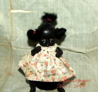 Antique Sign Japan Black Americana Bisque Double Jointed 4  Miniature Girl Doll