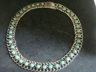 Heavy Vintage Silver & Natural Turquoise Mexican Collar Necklace 16 Ins