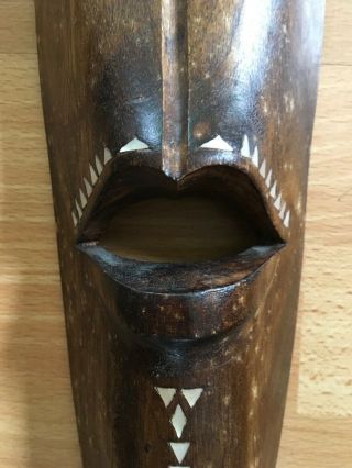 Vintage Lombok Carved Wood Face Mask With Mother Of Pearl Inlays Coin Indonesia 5