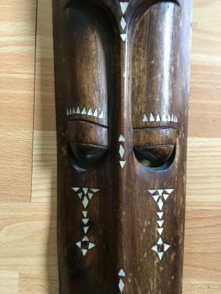 Vintage Lombok Carved Wood Face Mask With Mother Of Pearl Inlays Coin Indonesia 7