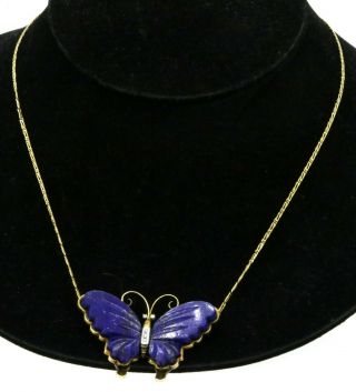 Heavy Vintage 14k Yg 0.  10ct Vs Diamond & Lapis Lazuli Butterfly Pendant Necklace