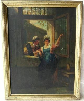 Antique Oil Painting On Canvas With Frame " Romantic Scene " 1800 Circa