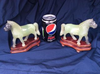 Rare Vintage Chinese Jade Hand Carved Horses Stallions & Stands