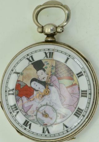 Antique Mid 19th Century Silver Pocket Watch.  Fancy Asian Erotic Enamel Dial