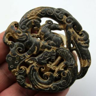 R372 Antique China Han Dynasty Old Jade Double Dragon Amulet Pendant 2.  6 "