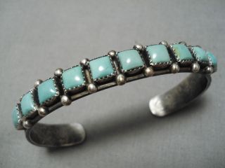 Rare Squared Green Turquoise Vintage Navajo Sterling Silver Bracelet Old