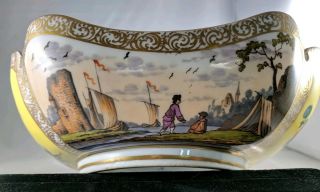 Meissen Porcelain Floral Fruit Bowl Sea Fishing Scene German Yellow Gold Antique 4