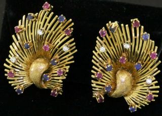 Cb Designer Vintage 18k Yg 1.  22ct Vs1/g Diamond Ruby Sapphire Peacock Earrings