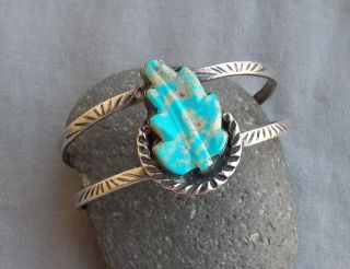 Vintage Carved Turquoise Leaf & Silver Cuff Bracelet Signed Small Wrist