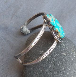Vintage Carved Turquoise Leaf & Silver Cuff Bracelet Signed Small Wrist 2