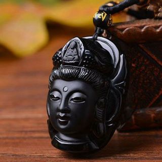 100 Natural Black Obsidian Carved Chinese Guanyin Lucky Pendant Necklace