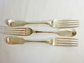 Set Of 3 Three Antique Victorian 1866 Sterling Solid Silver Dinner Forks Fiddle