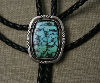 Large Vintage Native American Turquoise Sterling Silver Bolo Tie By Ed Kee