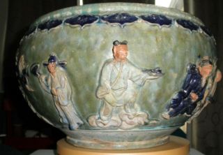 GOOD RARE LARGE QING CHINESE SHIWAN POTTERY FIGURAL BOWL JARDINIERE PLANTER 11