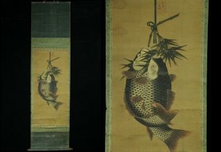 Apr215 Japanese Early Edo Hanging Scroll 2 Carp Hand Painted On Silk