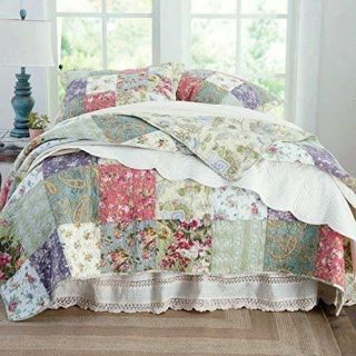 Patchwork Country Ivory Red Pink Floral Rose Green Blue Soft Quilt Set