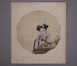 Antique 19th Century Chinese Fan Painting on Silk of a Lady 2