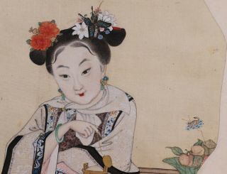 Antique 19th Century Chinese Fan Painting on Silk of a Lady 3