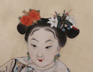 Antique 19th Century Chinese Fan Painting on Silk of a Lady 4