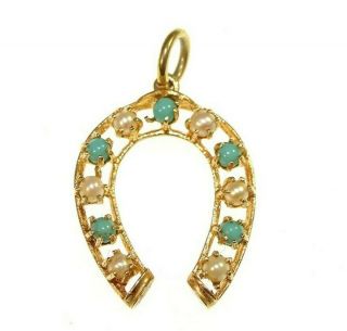 Vtg Persian Turquoise & Pearl 14k Yellow Gold Lucky Horseshoe Equestrian Pendant