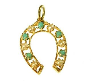 VTG Persian Turquoise & Pearl 14k Yellow Gold LUCKY HORSESHOE Equestrian Pendant 2