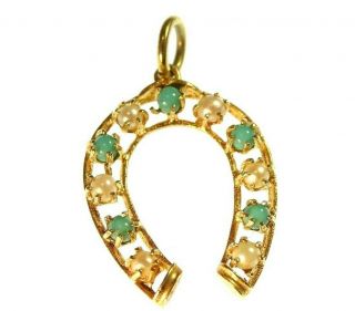 VTG Persian Turquoise & Pearl 14k Yellow Gold LUCKY HORSESHOE Equestrian Pendant 3