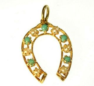 VTG Persian Turquoise & Pearl 14k Yellow Gold LUCKY HORSESHOE Equestrian Pendant 4