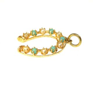VTG Persian Turquoise & Pearl 14k Yellow Gold LUCKY HORSESHOE Equestrian Pendant 7