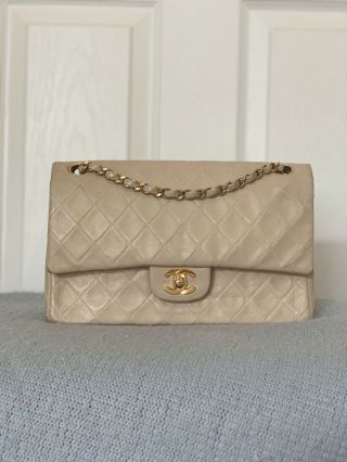 Authentic Chanel Beige Lambskin Double Flap Small Classic Vintage Bag