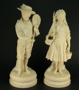 Antique 19th C.  English Bisque Parian Figurines Pair Fishing Boy & Girl @ Sea