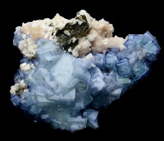 Rare Cube " Blue & White Porcelain " Fluorite & Arsenopyrite & Calcite Specimen