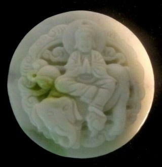 C 1900 Late Quing Period Chinese White Jade Kimono Sash Clasp Buddha on Elephant 3