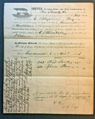 1841 Stampless Letter Cincinnati Ohio To Salem Ma Bill Of Lading Flat Boats