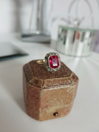Antique Art Deco 9ct Gold & Silver Ruby Diamond Paste Ring With Antique Ring Box