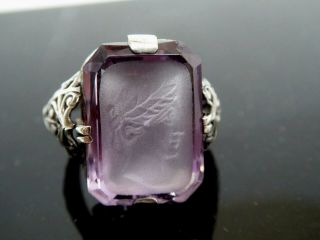 Vintage Art Nouveau Amethyst Gemstone Intaglio Sterling Filigree Ring Size 6.  5