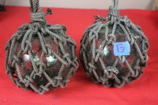 2 Vintage Antique Authentic Japanese Glass Fishing Float Roped,  Neting 5 "