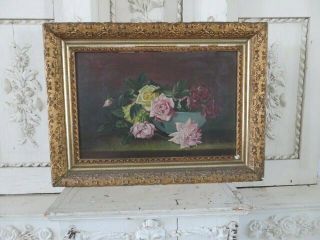 Beautifulold Antique Rose Oil Painting Pink Yellow Roses In Shabby Gesso Frame