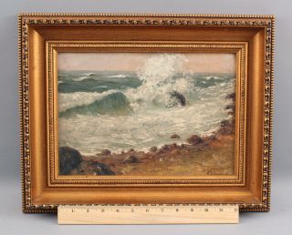 Small Antique Signed American Impressionist Maritime Seascape Waves Oil Painting