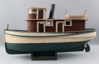 Antique,  Early 20thc,  Tugboat Ship Pond Model W/ Ajax Miniature Electric Motor