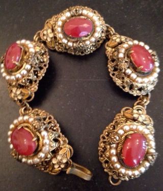 Antique Art Nouveau Golden Work Prong Set Cabochons Seed Pearl Estate Bracelet