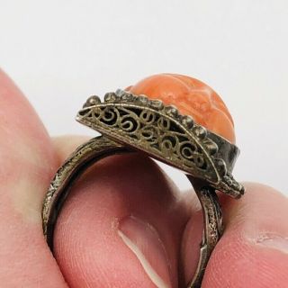Antique Chinese Silver Filigree Coral Carved Face Adjustable Ring 10