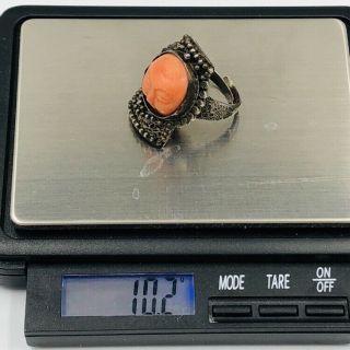 Antique Chinese Silver Filigree Coral Carved Face Adjustable Ring 11