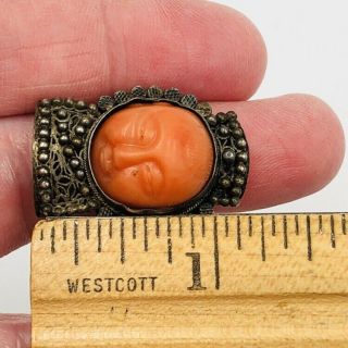 Antique Chinese Silver Filigree Coral Carved Face Adjustable Ring 12