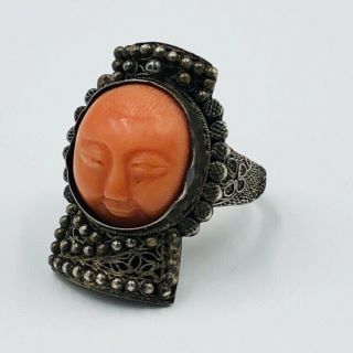 Antique Chinese Silver Filigree Coral Carved Face Adjustable Ring