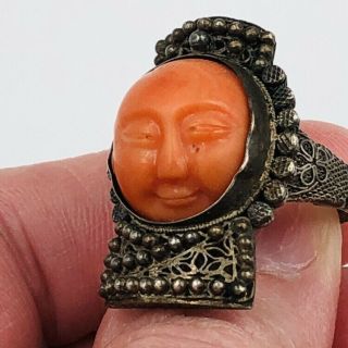 Antique Chinese Silver Filigree Coral Carved Face Adjustable Ring 2