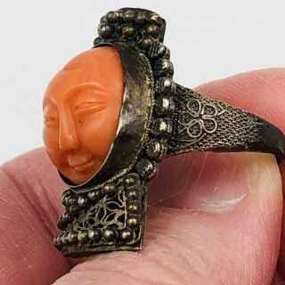 Antique Chinese Silver Filigree Coral Carved Face Adjustable Ring 3