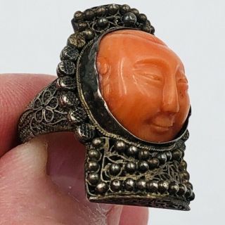 Antique Chinese Silver Filigree Coral Carved Face Adjustable Ring 4