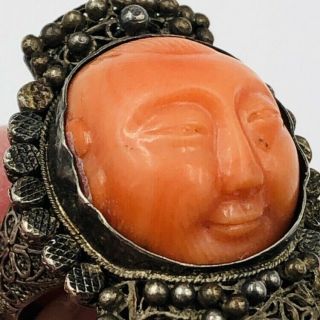 Antique Chinese Silver Filigree Coral Carved Face Adjustable Ring 5