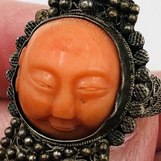 Antique Chinese Silver Filigree Coral Carved Face Adjustable Ring 6